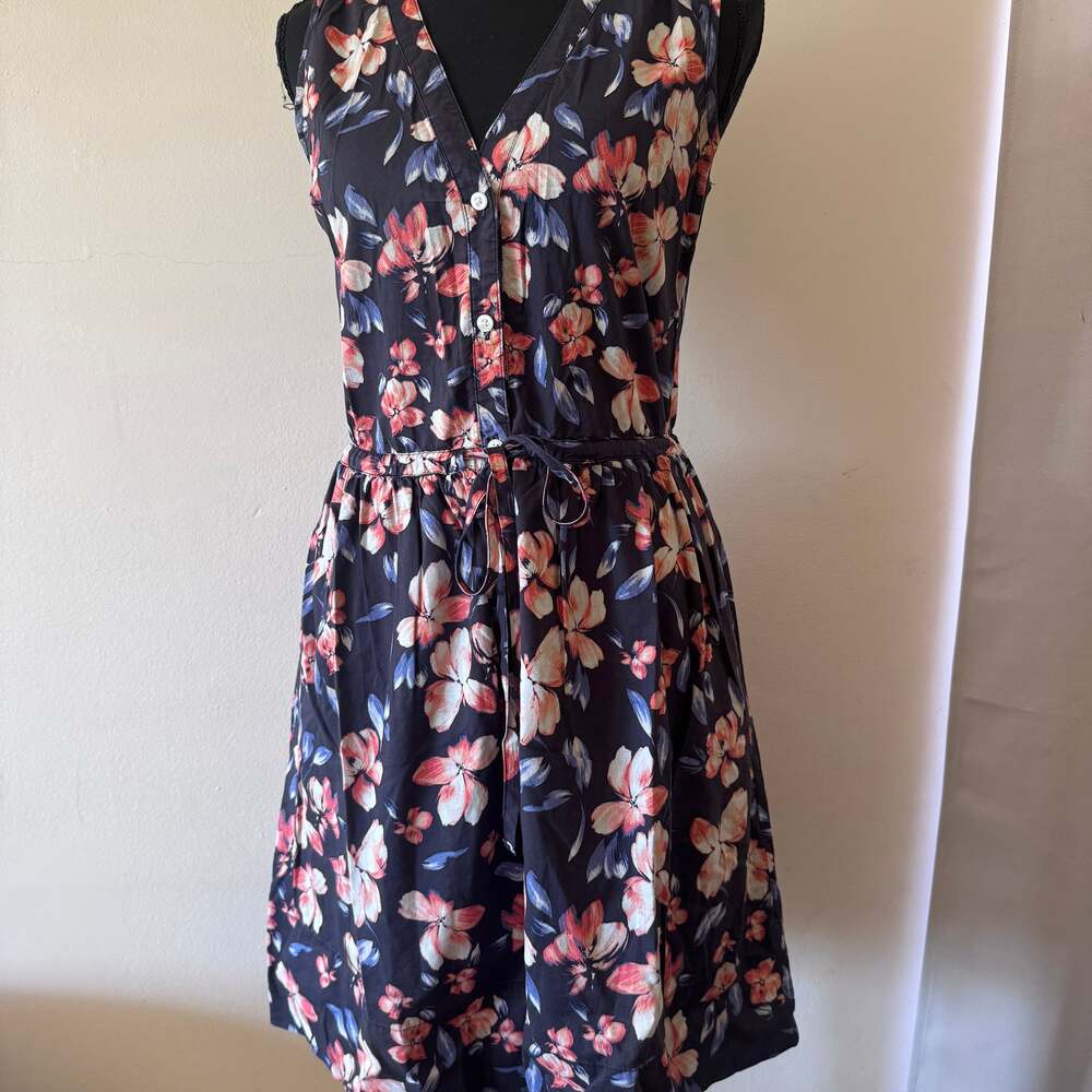 Gap Navy Blue Pink Floral Sleeveless Tie Waist Button Down Dress